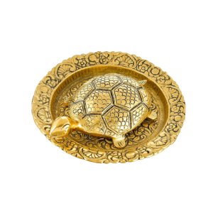 Gold Metal Plate Vastu Yantra Turtle Feng Shui Decorative Good Luck Showpiece for Home and Office