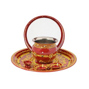 Designer Karwa Chauth Thali Set Include Pooja Thali, Kalash -Lota-, Chalni -Channi-, Diya and Roli